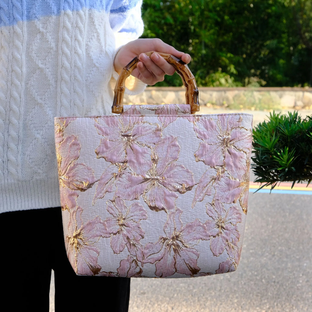 Light blue and gold bronzing flower pattern canvas shoulder bag with double strap