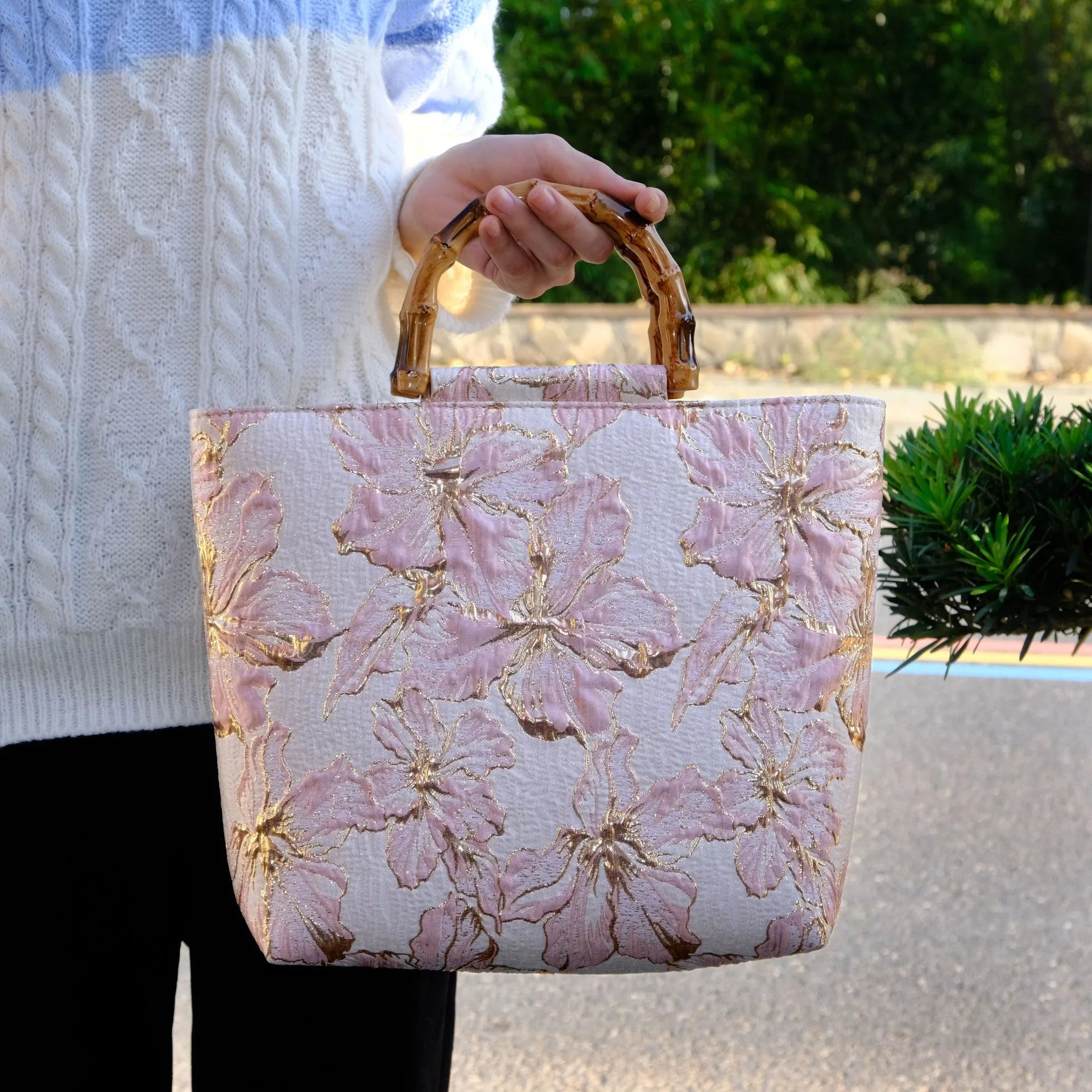 Light blue and gold bronzing flower pattern canvas shoulder bag with double strap