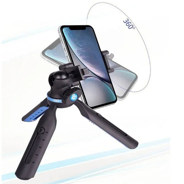 Black plastic and aluminium desktop tripod stand holding a mobile phone.