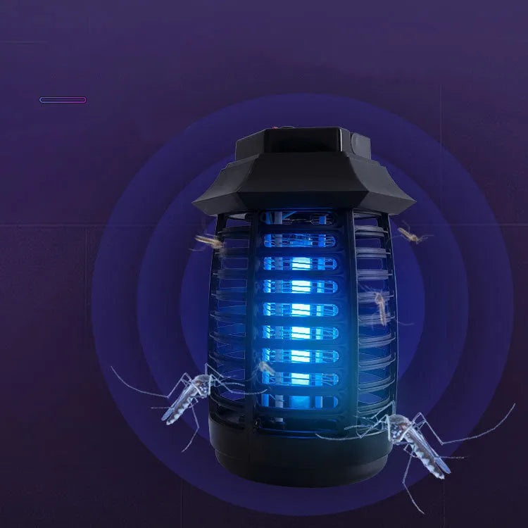 Black aromatherapy mosquito lamp with a UV glass tube and protective metal grid for indoor insect control.
