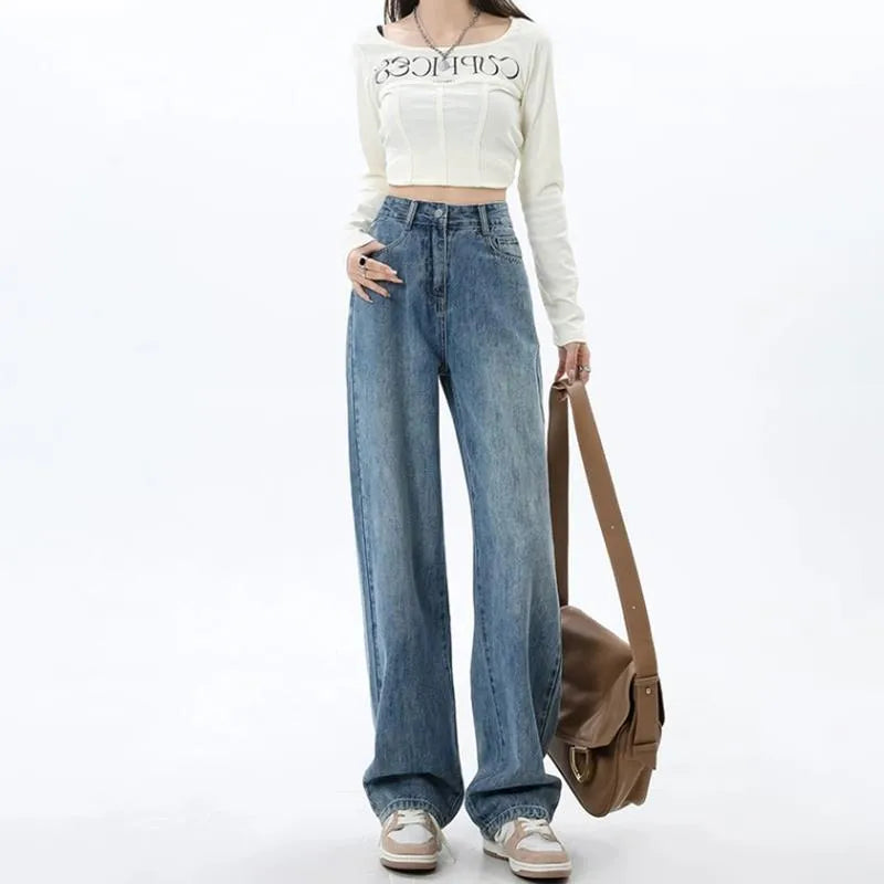 Women’s retro blue high waist wide leg denim jeans, sizes S to 2XL