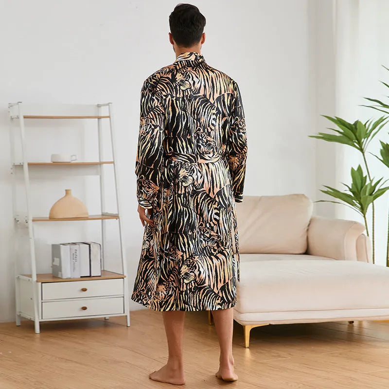 Men's tiger print bathrobe set with long sleeves and matching shorts