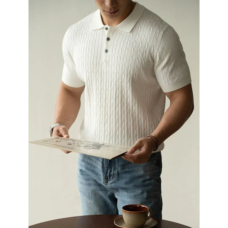 Men's khaki short sleeve business commute top made from polyester nylon acrylic wool blend