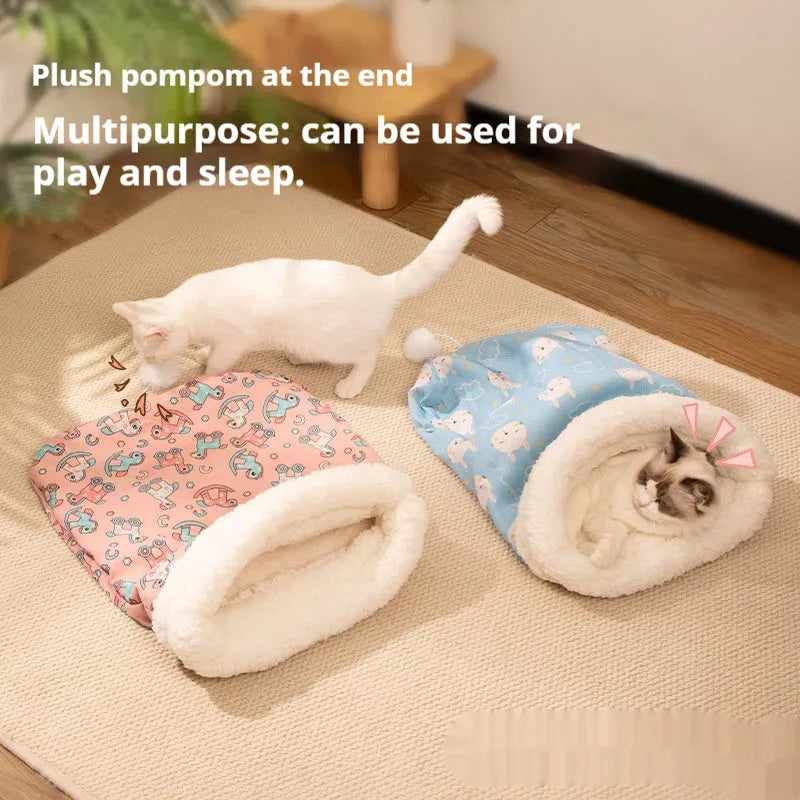 Blue rabbit print flannel cat sleeping bag pet nest measuring 50 by 40 centimetres