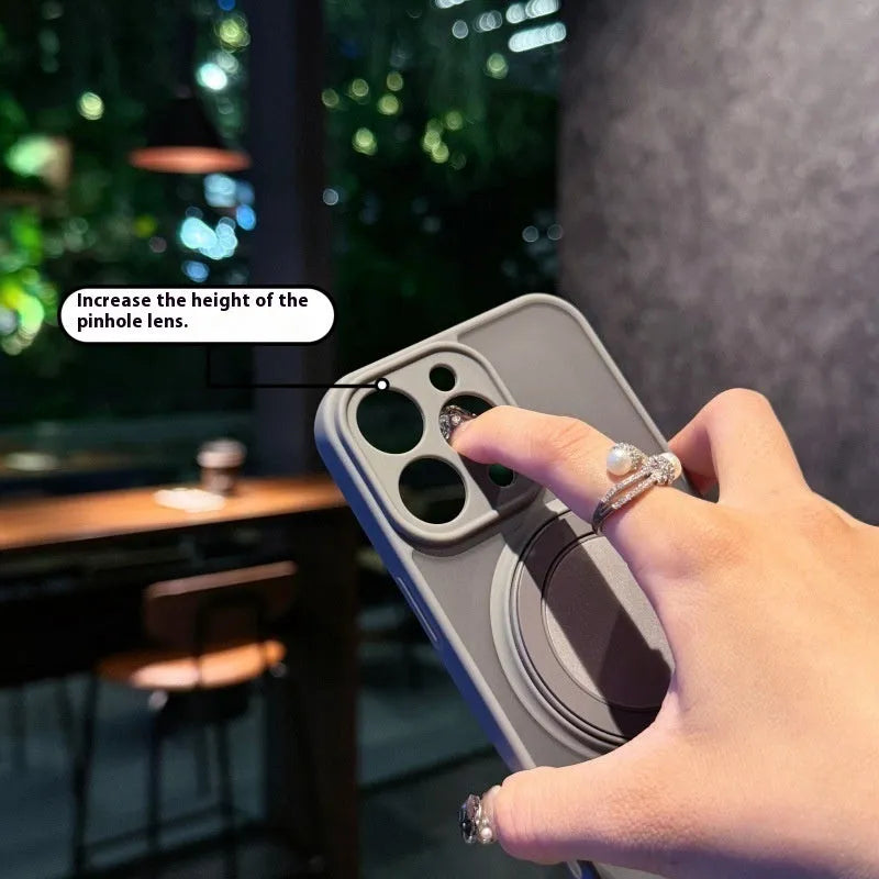 Magnetic suction iPhone case with invisible bracket in frosted transparent finish showing black colour option