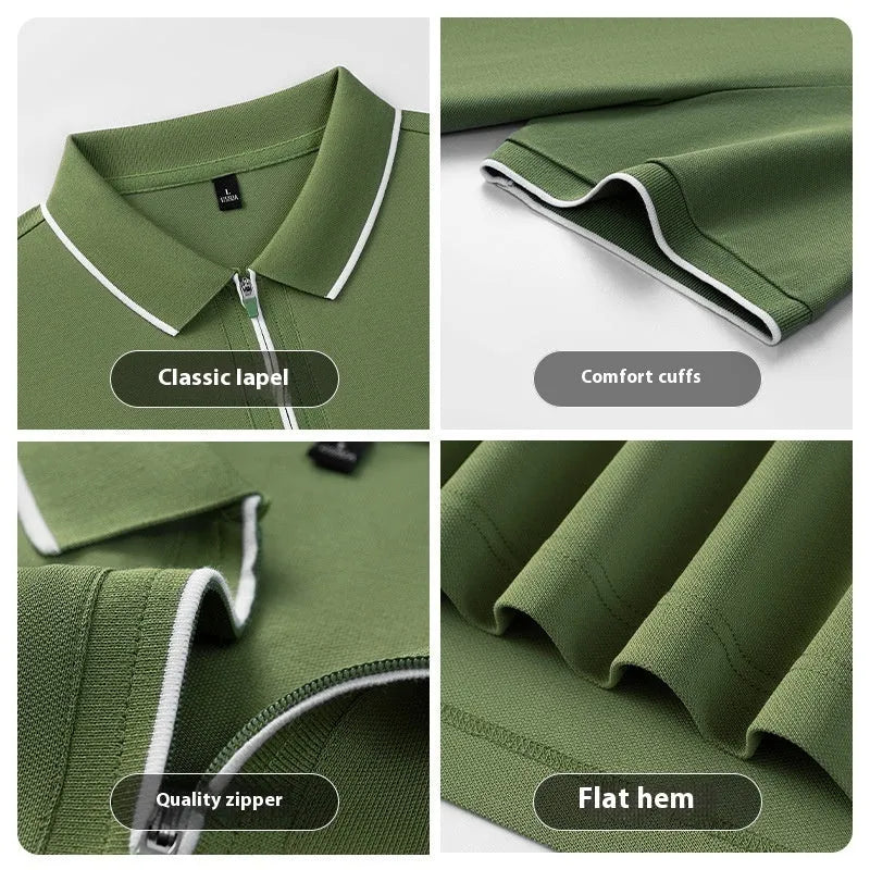 Man wearing a solid colour zip-front short-sleeve polo shirt in a casual setting.
