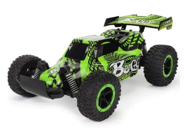Blue 1:18 scale remote control off-road drift car with 2.4GHz remote on a grey surface.