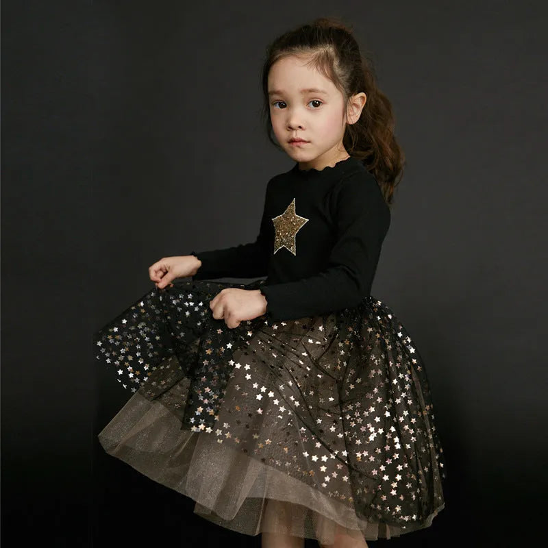 Red cotton children's Christmas dress with long princess sleeves, lace detailing, and bow accents for ages 3-8