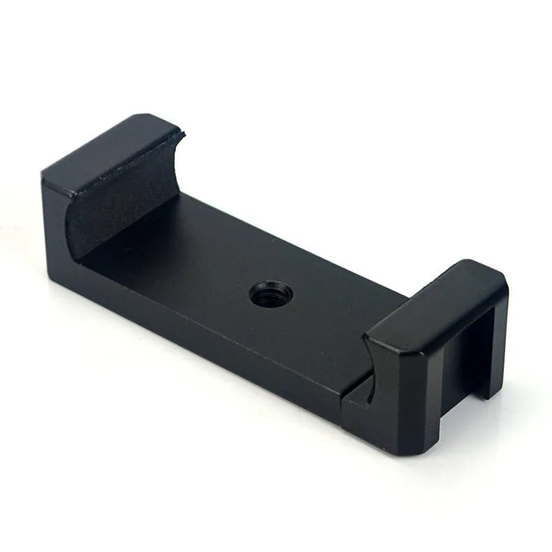 Silver aluminium alloy phone bracket for iPhone shown in clip and tripod style next to a mobile phone.