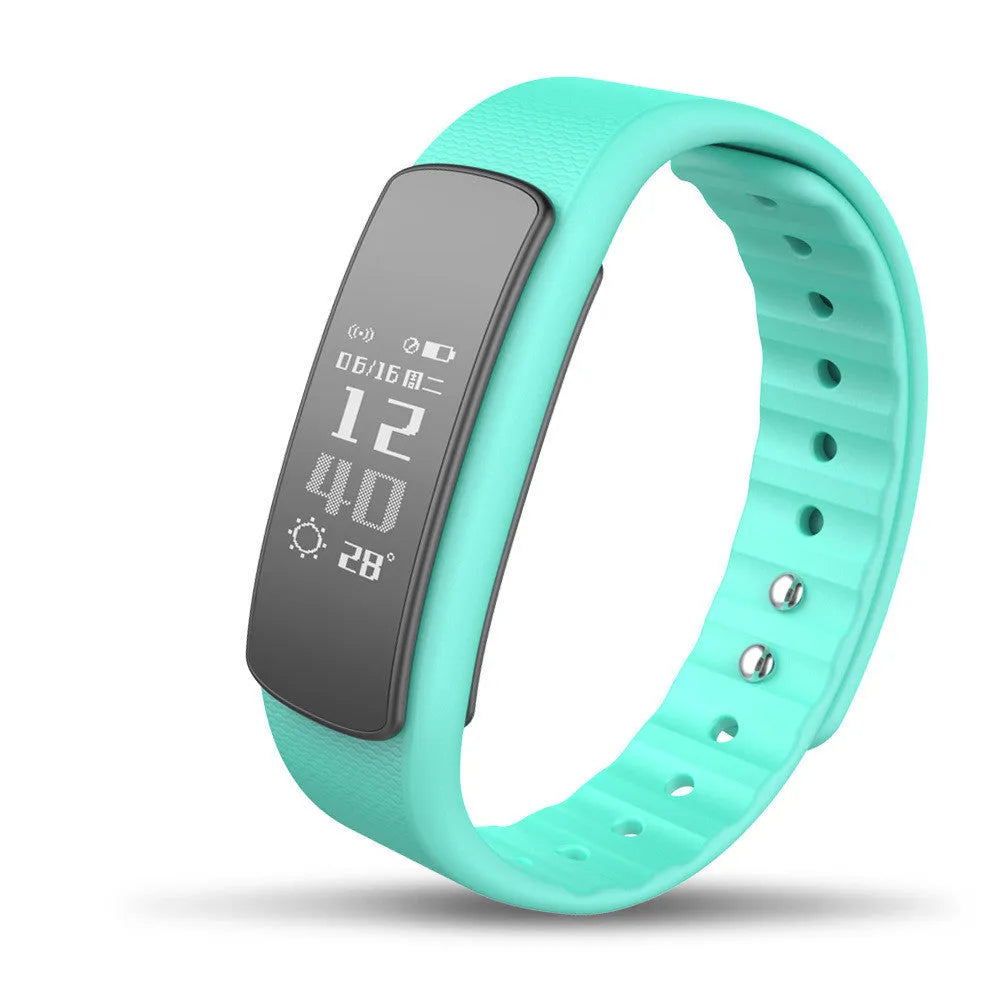 I6 smart sports bracelet with 0.96-inch screen on a TPU wristband, shown in black and green colours.