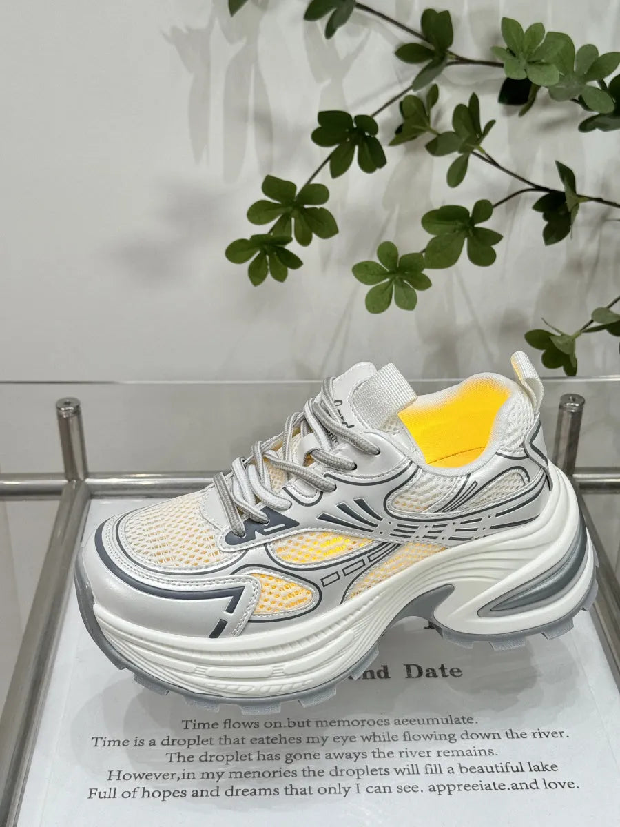 Vintage genuine leather platform dad shoes for women, low top flat heel round toe, silver colour, front lace-up