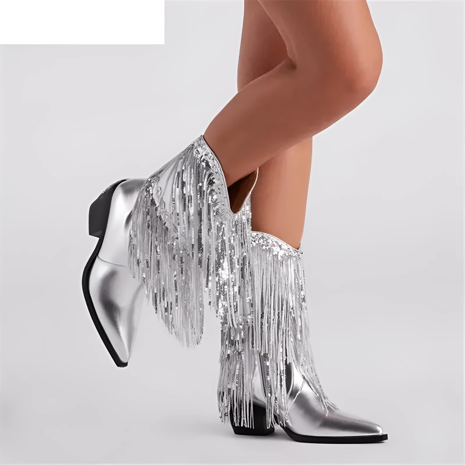 Women's black chunky heel tassel boots with pointed toe and super high stiletto heel on a white background.