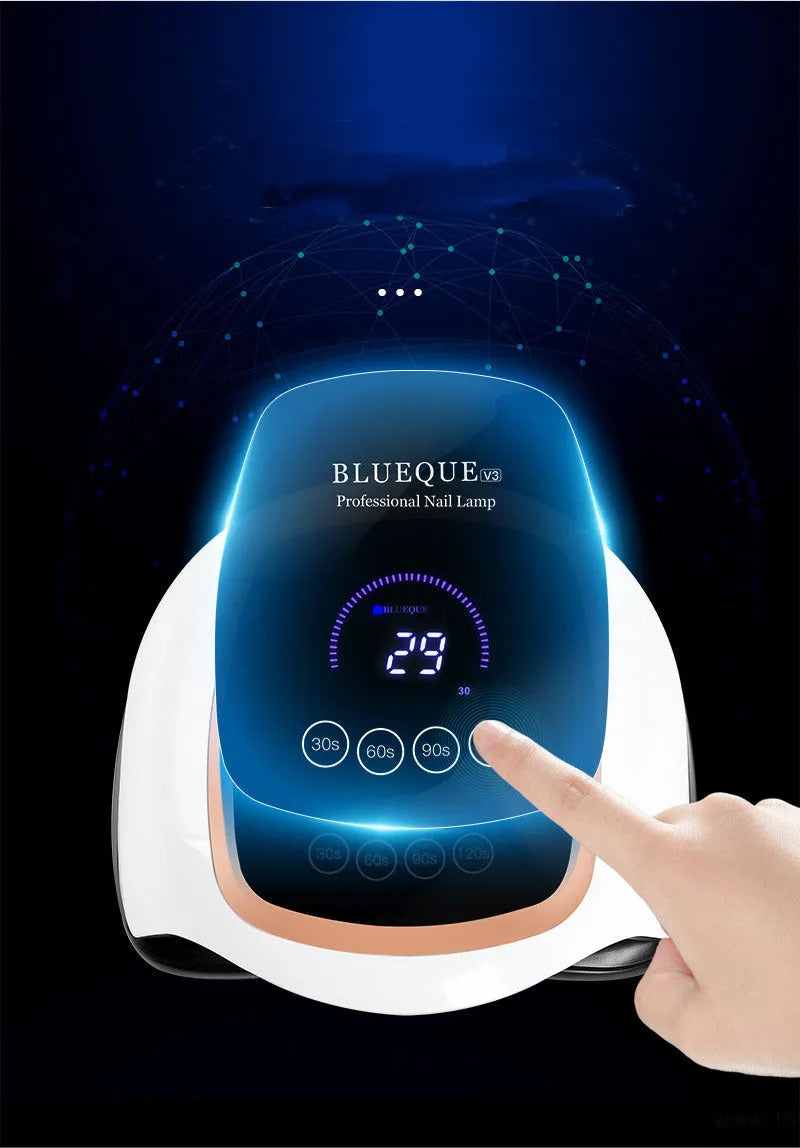 BLUEQUE V3 168W UV LED nail lamp with 42 gold wire beads, ABS plastic housing, compact 23.5cm x 20cm x 8cm