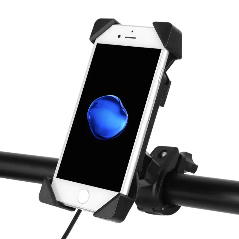 Black ABS motorcycle phone holder CD-169 mounted on a handlebar, showing USB charging port and adjustable phone clamp.