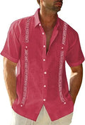 Men's Guayabera Cuban short sleeve printed polyester shirt in Army Green, Navy Blue, Red or White, sizes S to 6XL