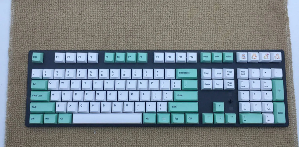 PBT sublimation keycap set showing Japanese, Russian, and Korean characters on mechanical keyboard keys