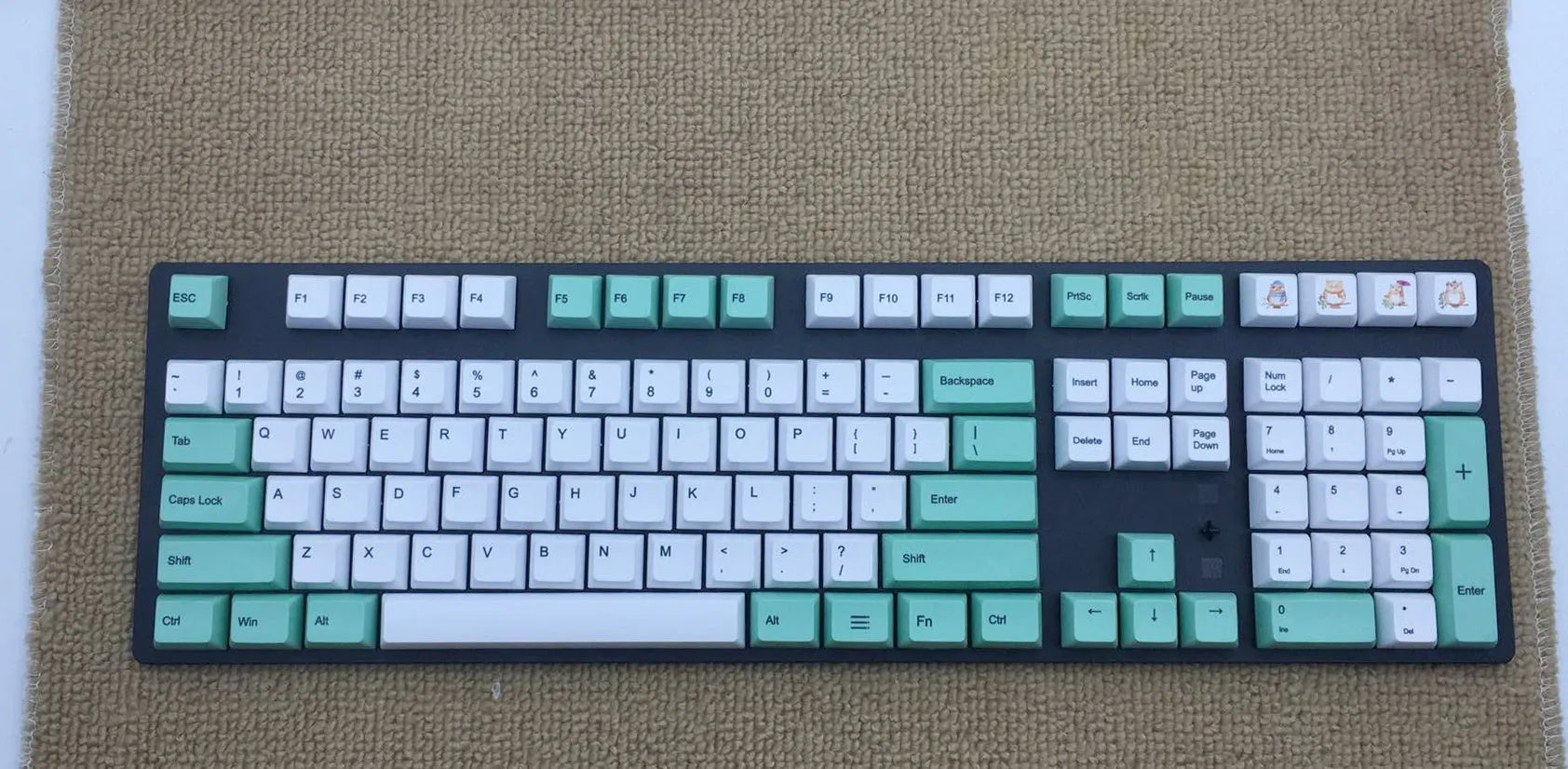 PBT sublimation keycap set showing Japanese, Russian, and Korean characters on mechanical keyboard keys