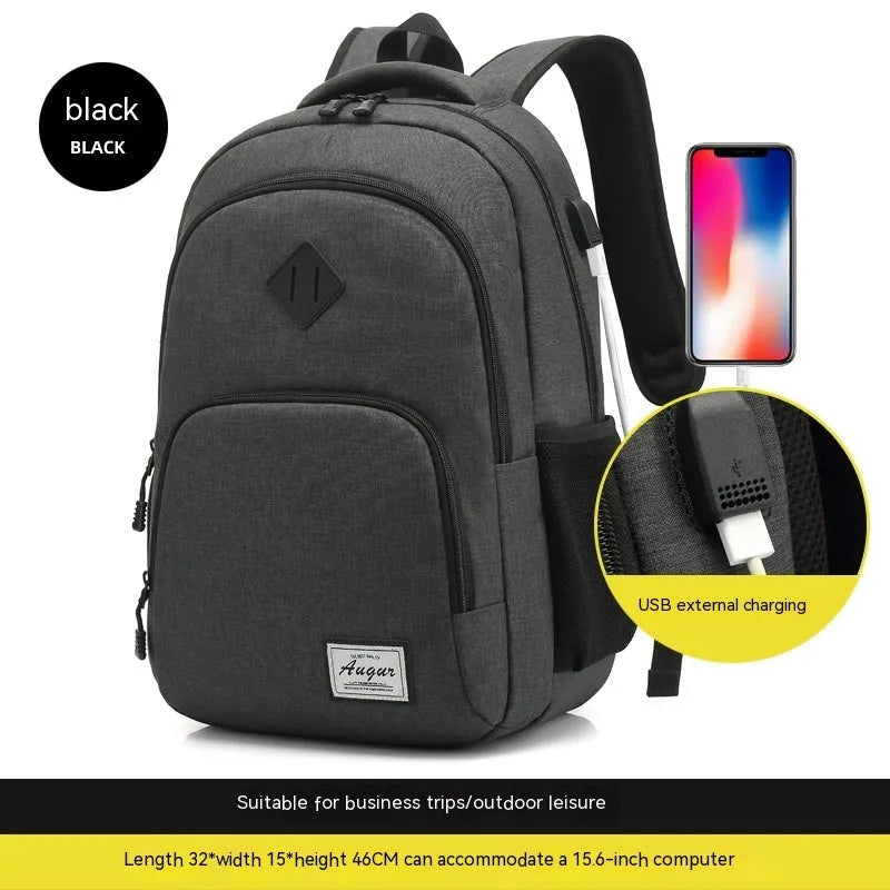 Black nylon backpack with USB charging port and trolley case straps
