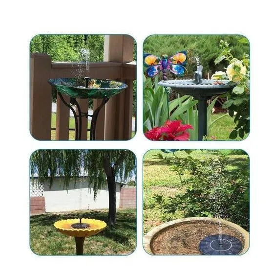 Black solar-powered water fountain pump with four spray nozzles for garden ponds