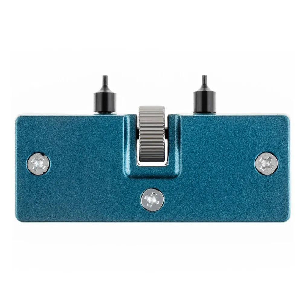 Yellow plastic watch case opener tool and fixing base with four pillars for DIY repair.
