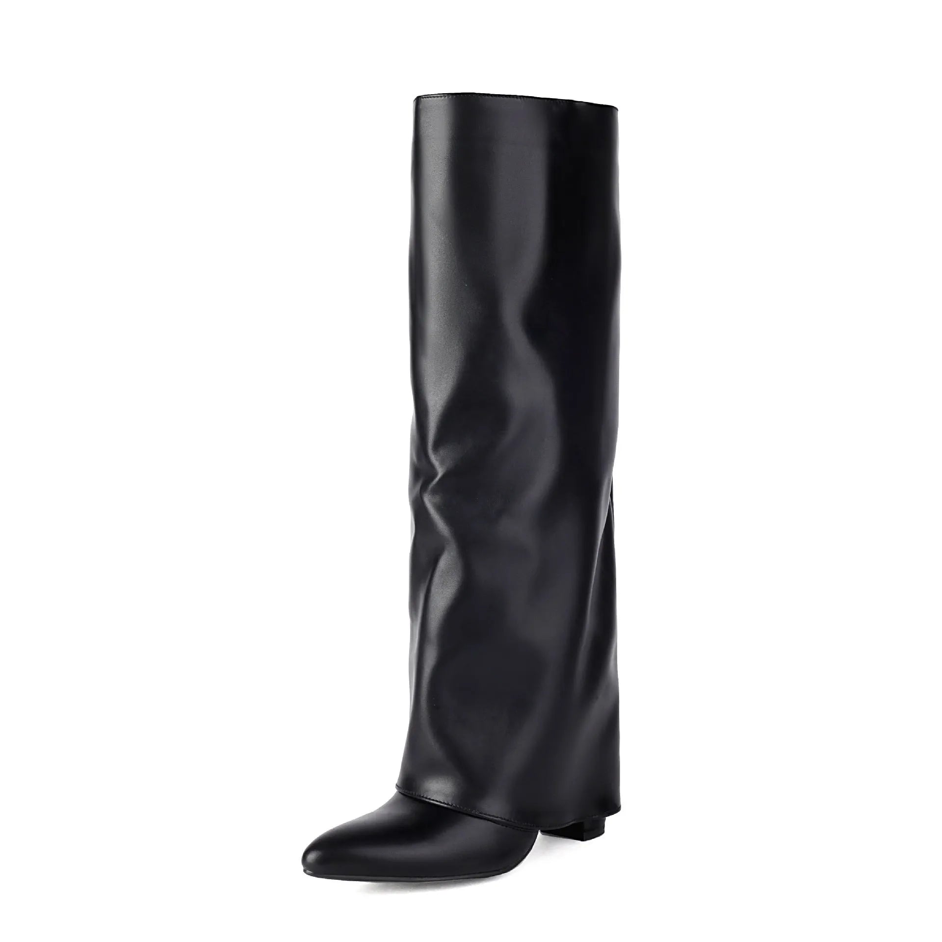 Women's plus size thick high heel boots in black with sewing line detailing and high cylinder design