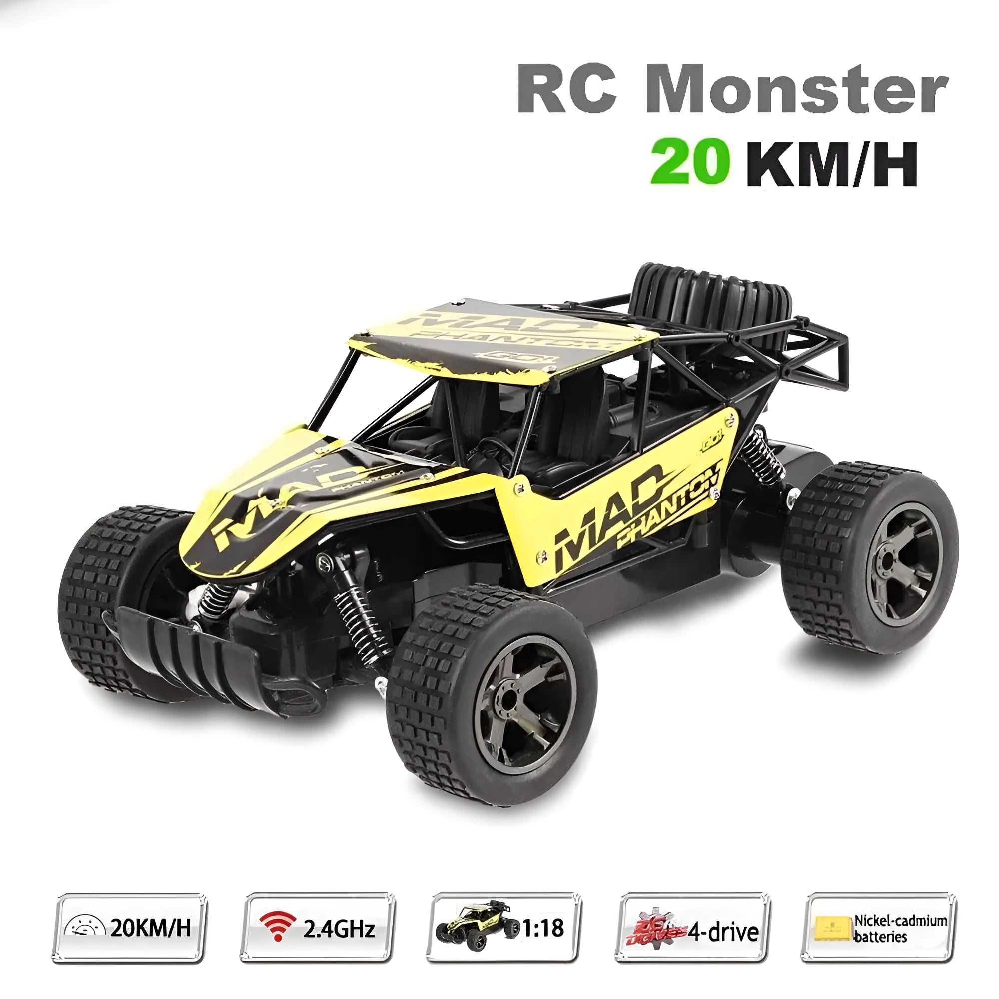 Blue 1:18 scale remote control off-road drift car with 2.4GHz remote on a grey surface.