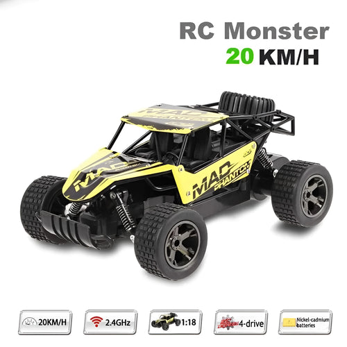 Blue 1:18 scale remote control off-road drift car with 2.4GHz remote on a grey surface.