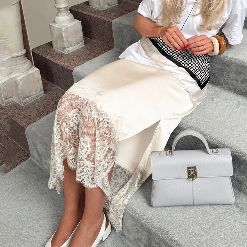Apricot satin lace side-slit long skirt, polyester half skirt in sizes S M L