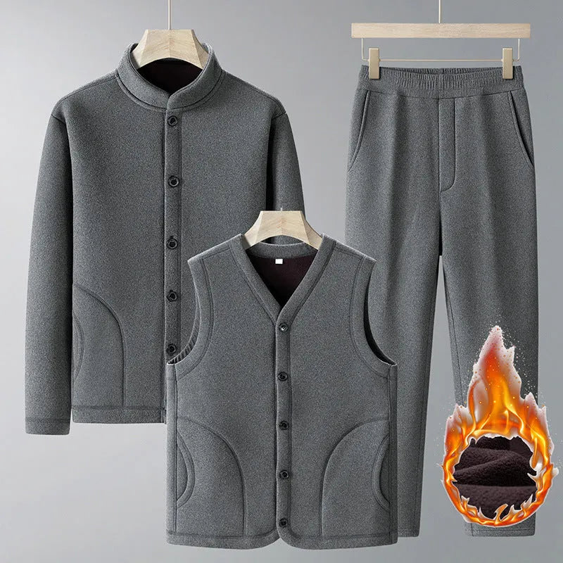 Men wearing dark gray velvet sport suit with long-sleeve jacket and trousers, wool lined winter tracksuit