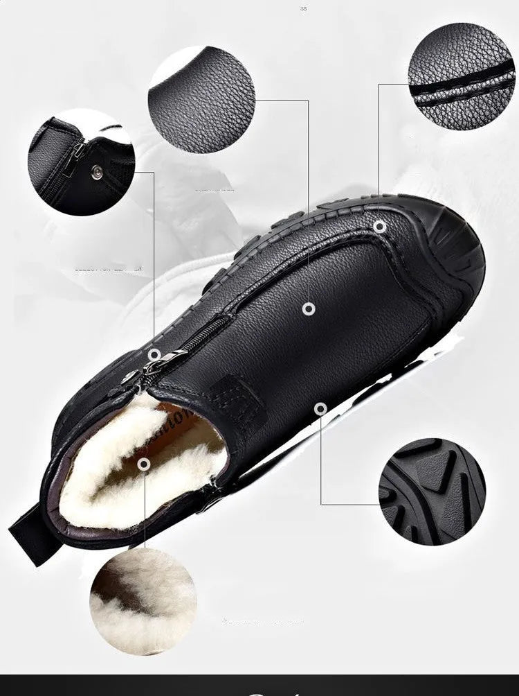 Men's cotton shoes with plush insulation, black, flat heel, round toe, visible sewing on upper
