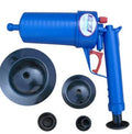 Manual high-pressure air power drain blaster gun with four different sized plastic sucker adaptors.