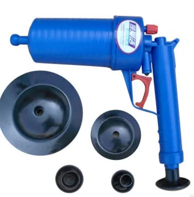 Manual high-pressure air power drain blaster gun with four different sized plastic sucker adaptors.