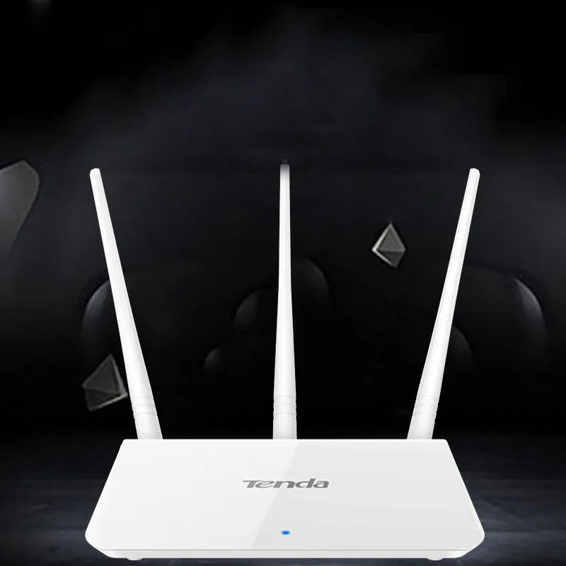White rectangular dual-band wireless router with status lights, shown on a wooden surface.