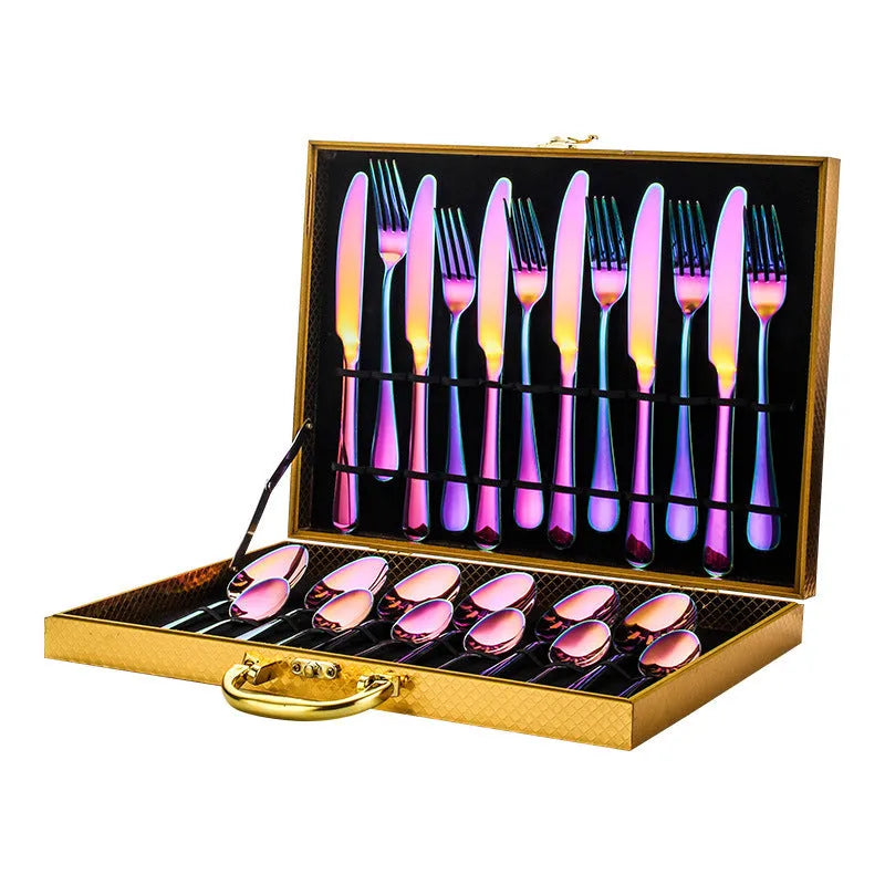 24-piece stainless steel cutlery set showing table knives, forks, and spoons in a gold colour option.