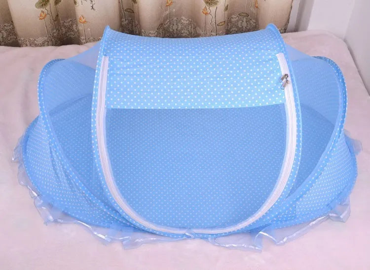 Foldable baby bed net 110x65x60cm with mattress and pillow, mesh cloth and steel wire frame, blue or pink