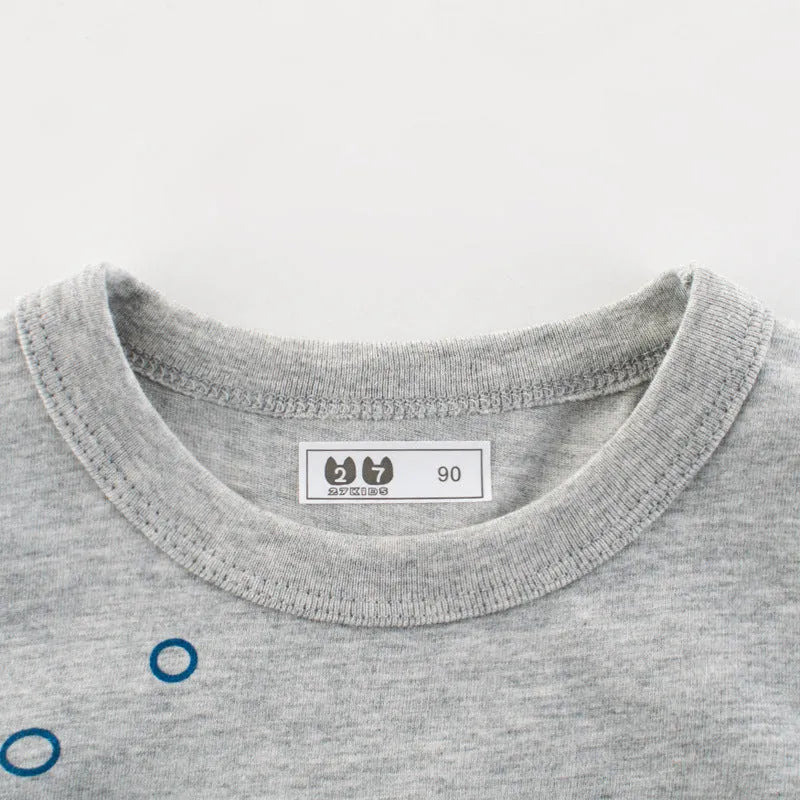 Grey children's cotton T-shirt shown with a size chart indicating Asian measurements from 90cm to 140cm.