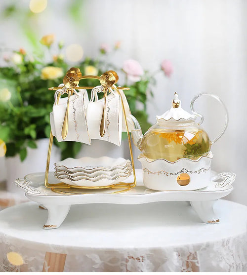 Afternoon tea set with 6 ceramic cups and saucers, borosilicate glass teapot, hand-painted gold, and iron frame spoon holder in gift box