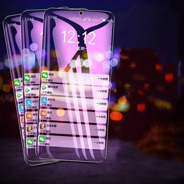 Vivo smartphone with full-screen tempered glass protector showing violet light edge colour.