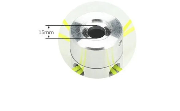Silver aluminium grass trimmer head for lawn mower with four light yellow cutting lines