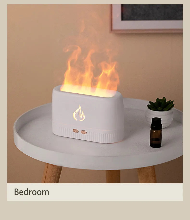 Flame humidifier aroma diffuser in white or black, 230ml tank, 171*76*102mm, USB powered with flame effect