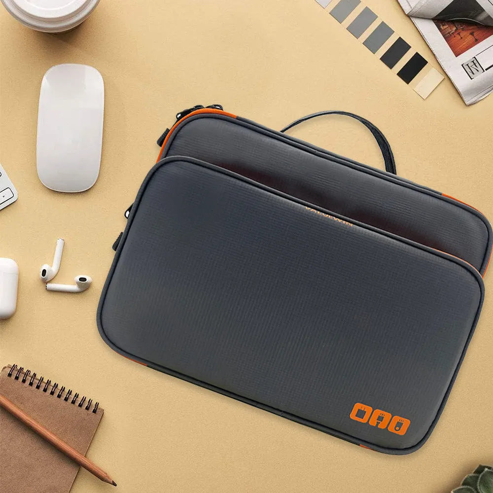 Grey three-layer travel storage bag with sewing line detailing and waterproof polyester construction