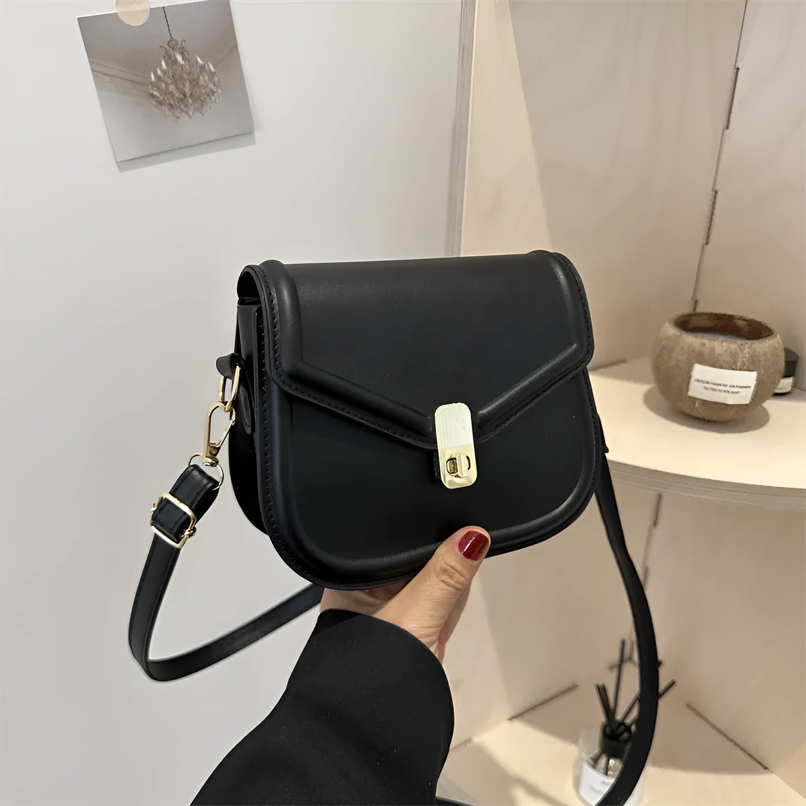 Soft PU leather clamshell messenger bag in horizontal square shape, shown in khaki colour.