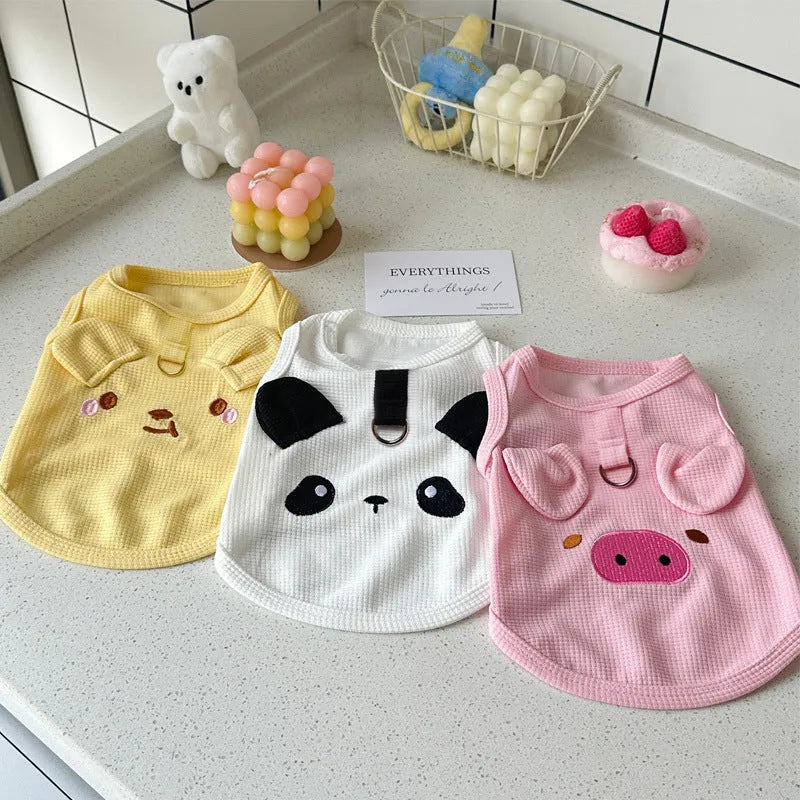 Yellow waffle fabric dog vest on a small dog, showing casual style and fit.