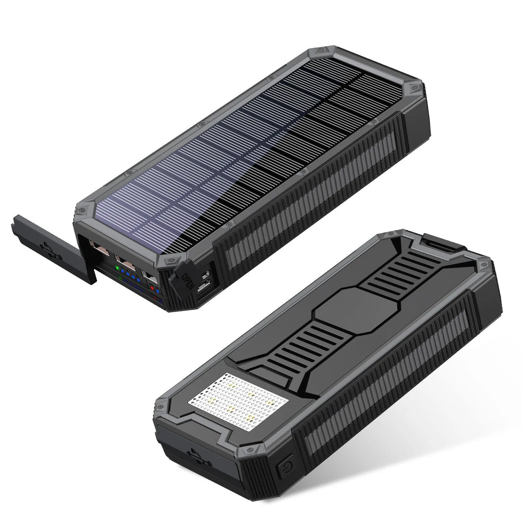 Outdoor solar power bank 30000mAh in orange, black, or blue with built-in light, 160 x 75 x 26mm