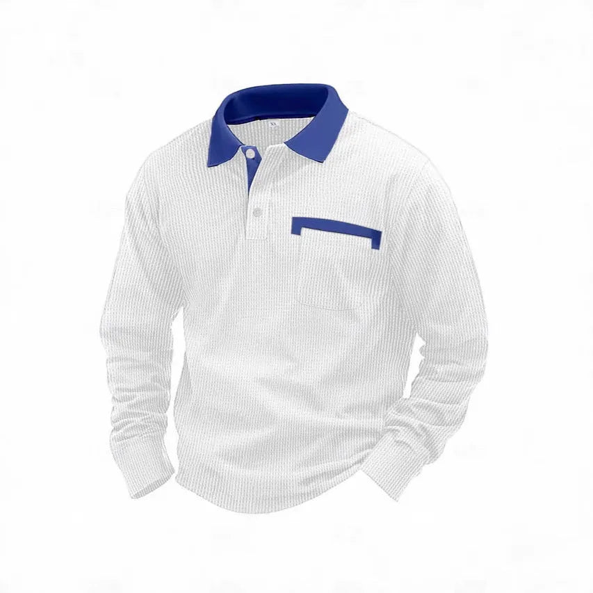 Man wearing a long-sleeved waffle-knit polo shirt in a solid colour with a loose, asymmetric retro fit.