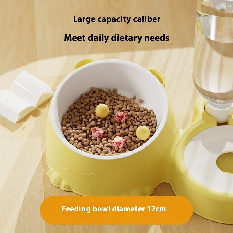 Grey and black automatic pet water fountain with two stainless steel bowls and a quiet submersible pump.