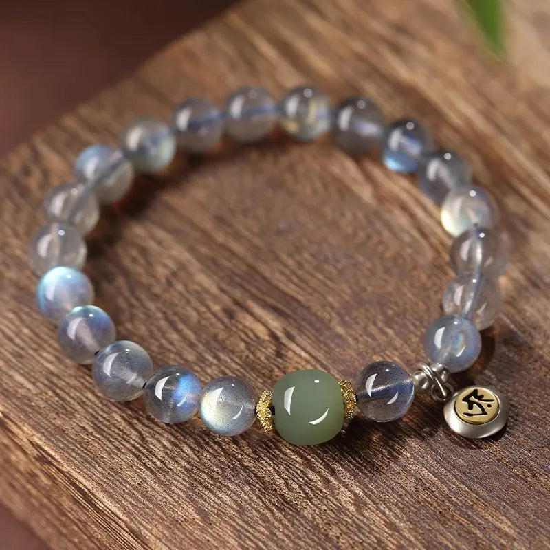 8mm moonstone women's bracelet with Thousand-Hand Kwan-yin mouse zodiac design and electroplated finish