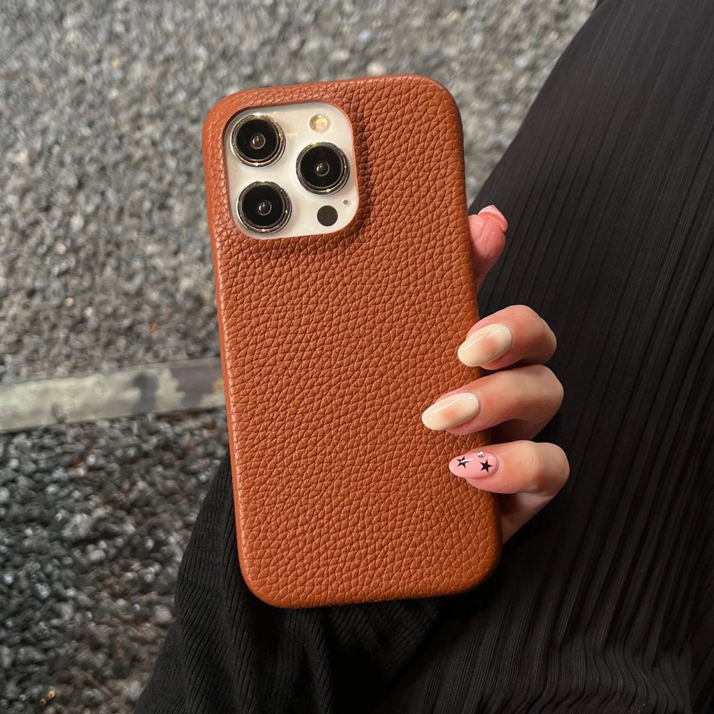 Solid colour leather phone case for Apple iPhone – caramel colour with slim profile and leather texture