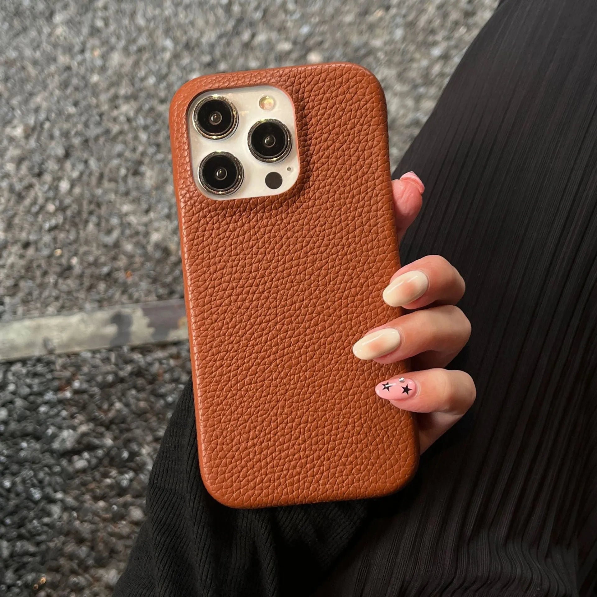 Solid colour leather phone case for Apple iPhone – caramel colour with slim profile and leather texture