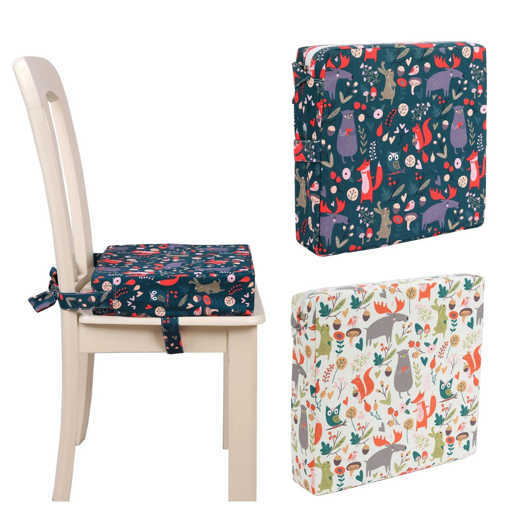 Portable children's dining chair booster seat cushion with Happy Animals pattern, dark green background, small style